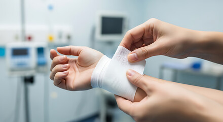 Tender care Professional hands meticulously apply a sterile bandage to an injured wrist, symbolizing healing and support in a medical environment