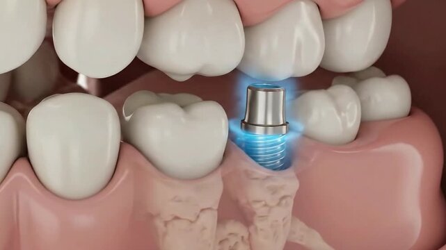 Dental implant procedure animation showing teeth restoration with modern technology for healthy smile, professional dental healthcare for oral hygiene video