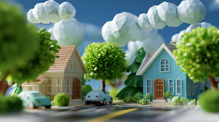 Whimsical cartoon village with lush green trees and blue sky