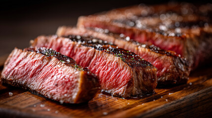 Steak beef grilled medium rare sliced meat closeup juicy on wooden board with charred crust and pink center, butter glaze and seasoning for gourmet dinner and barbecue serving