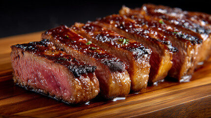 steak beef grilled sliced medium rare juicy wooden board closeup cutting board seared crust pink center, gourmet dinner, succulent meat, glistening glaze, restaurant, elegant cut