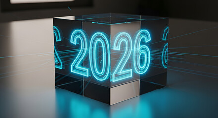 Year 2026 in a glowing neon cube futuristic technology concept and digital data transfer