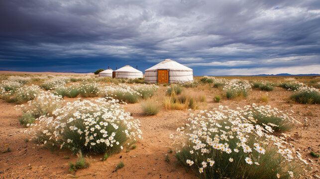 Yurt nomad grassland flowers cloudy rural scene with traditional round tents in a wild meadow of white daisies under dramatic storm sky and expansive horizon for tranquil landscape - Powered by Adobe