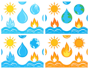 Elements water, fire, sun, earth in a pixelated style, repeating pattern on a black background