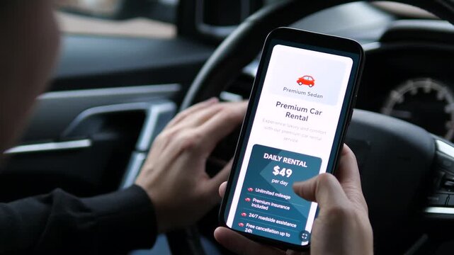 Slow motion focus on a key moment of consumer choice: evaluating the price and conditions of a car rental. Highlights comparison shopping, value assessment, and the decisive pre-purchase phase. 