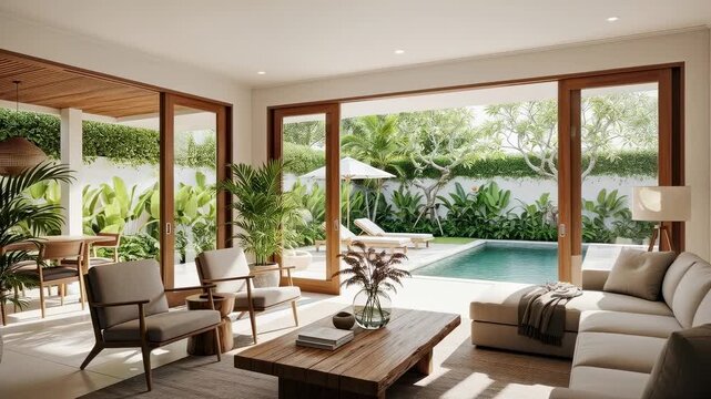 Living room with large windows opens to a backyard pool area in a bright afternoon setting