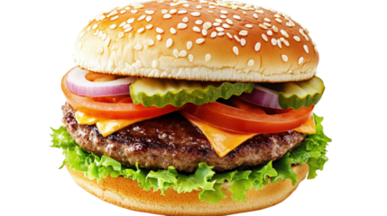 Juicy beef burger with cheese and fresh toppings isolated on a transparent background