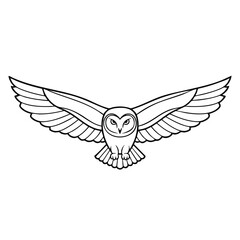Obraz premium A black and white line drawing of an owl in flight with outstretched wings on a plain white background.