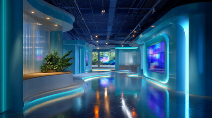 Futuristic neon corridor with reflective floors and modern design