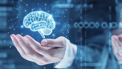 Businessman Holding a Luminous Digital Brain Representing Artificial Intelligence.