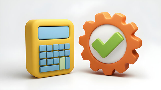 Minimal Clean 3D Icons of a Calculator and a Gear with Checkmark Symbolizing Accounting and System Support