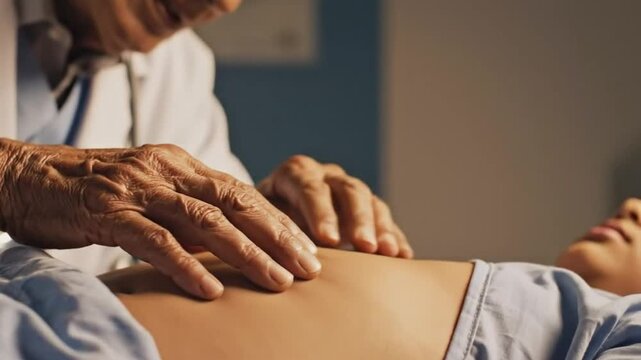  Experienced Doctor Palpating Patient's Abdomen During Clinical Examination - Medical Diagnosis Concept.