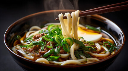Steaming hot udon noodles with fresh green onions and egg