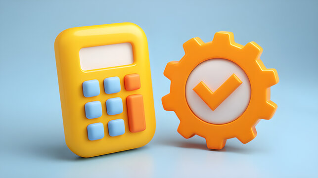 Minimal Clean 3D Icons of a Calculator and a Gear with Checkmark Symbolizing Accounting and System Support