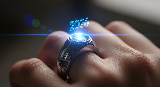 Hand wearing a glowing 2026 ring- a futuristic vision for the new year and technology - Powered by Adobe