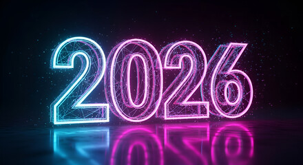 Futuristic 2026 neon glowing numbers with digital particles and reflection on dark background - New Year concept