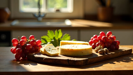 Cheese and Red Grapes on Wooden Cutting Board in Sunlit Kitchen