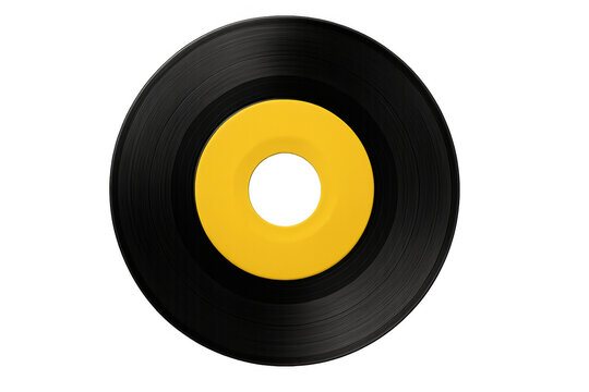 Vinyl 45 rpm record with yellow label creating a retro music concept, analog sound, and vintage audio nostalgia