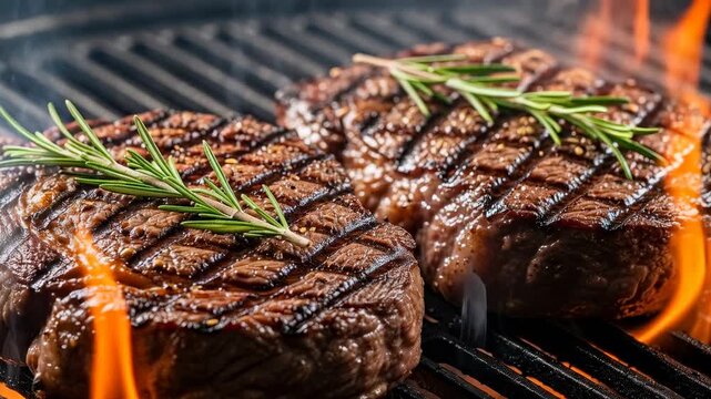 Grilling steak with fresh herbs on a barbecue in the backyard during the evening