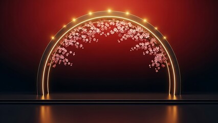 Chinese New Year background Arch podium with glowing neon and sakura flowers
