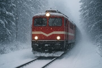 Red train in snowy forest