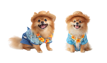Cute Pomeranian dog ready for vacation in Hawaiian shirt, straw hat, and floral lei isolated on a transparent background