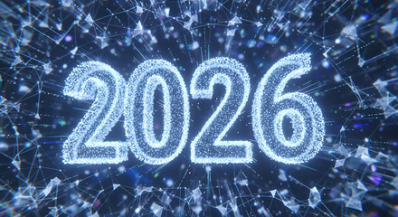 2026 Futuristic Digital Text with Glowing Particles and Abstract Network Background