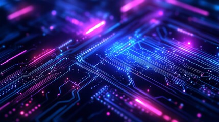 Dynamic technology circuit board glowing with neon lights, showcasing modern innovation and data flow for futuristic technology concepts or digital transformation