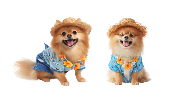 Cute Pomeranian dog ready for vacation in Hawaiian shirt, straw hat, and floral lei isolated on a transparent background