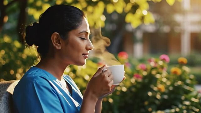 Indian Female Doctor in Blue Scrubs Sipping Steaming Coffee during Golden Hour Break - Healthcare Wellness