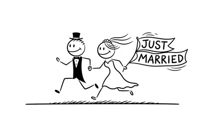 Joyful newlyweds running together with a just married banner on their exciting adventure wedding day escape cartoon fun illustration