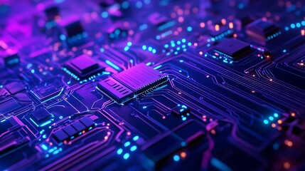 Obraz premium Modern circuit board glows with vibrant neon colors, symbolizing technology, innovation, and futuristic designs for cutting-edge projects