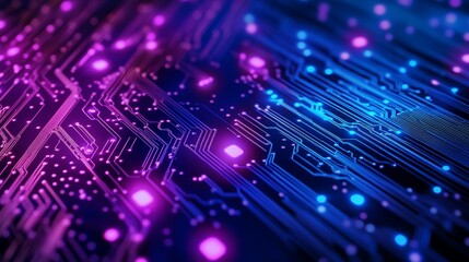 Obraz premium Stunning close-up of a vibrant, futuristic circuit board with glowing pink and blue lights, perfect for hi-tech designs and modern technology concepts