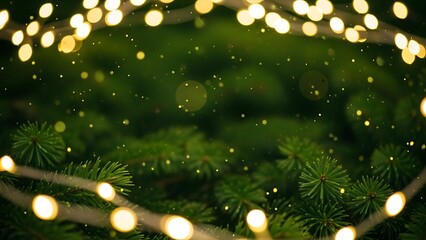 Christmas tree branches with glowing string lights festive holiday background seasonal decoration