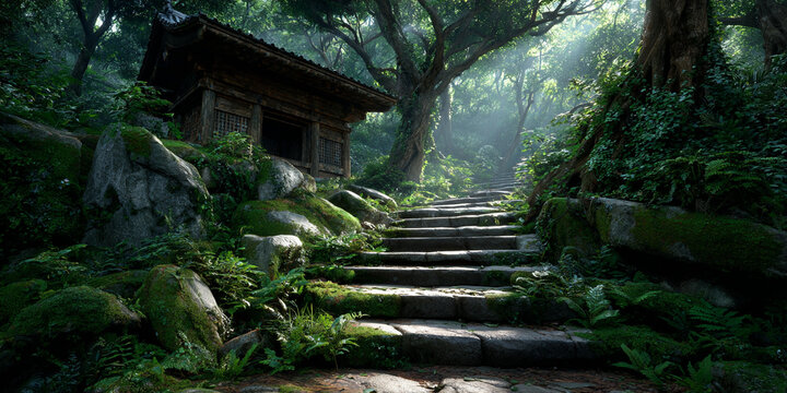 Enchanted forest stairway leading to a secluded cabin