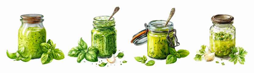 Obraz premium Watercolor set of pesto sauces. Glass jars with pesto, basil and garlic. Italian sauce for pasta and other dishes. Elements of Italian cuisine. Vector illustration.