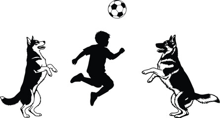 Black Silhouette of a Boy Jumping to Play with a Soccer Ball and Two Dogs Rearing Up, Illustrating Pet Fun, Friendship, and Active Play © Mdjoshel 