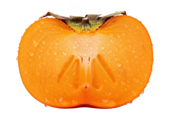 Half cut persimmon fruit slice with water droplets, fresh kaki fruit, healthy food, vitamin rich, isolated on transparent background