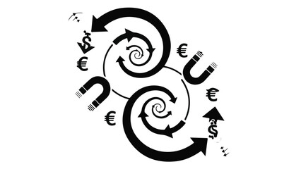 Naklejka premium Abstract illustration of financial cycles and attraction with currency symbols and magnets