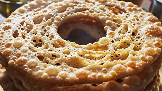 Exquisite Sweet Treat: A close-up shot showcasing the intricate details of a golden-brown, ring-shaped delicacy. the delectable fried treat.