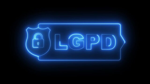 glowing neon LGPD Security Shield icon Animation on black background. general data protection law label icon. Illustrating Data Protection Concept with label Transition. 4k motion video.