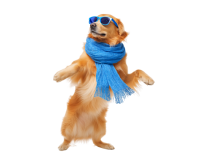Cool Golden Retriever Standing Upright with Blue Sunglasses and Matching Scarf isolated on a transparent background
