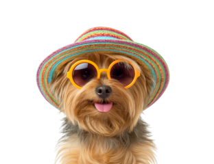 Stylish Yorkshire Terrier dog wearing a colorful sun hat and orange sunglasses, ready for summer vacation isolated on a transparent background