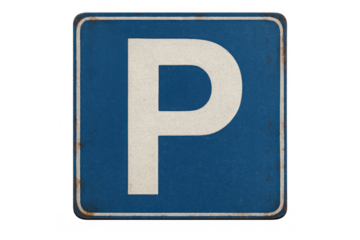 Parking sign showing white capital letter p on blue, square, old, worn traffic symbol with transparent background