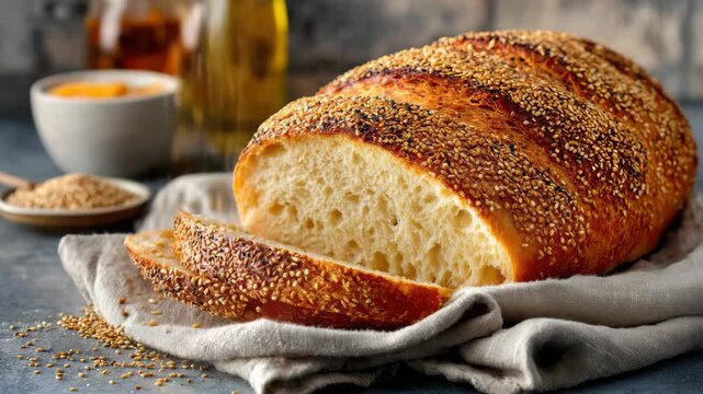 Golden Loaf of Sesame Seed Bread with Slices on Linen Cloth Rustic Stone Background with Glass Jars and Bowl of Dip Delicately Lit