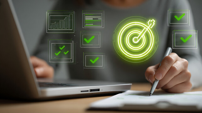 Person using laptop and pen with glowing green business graphics paper