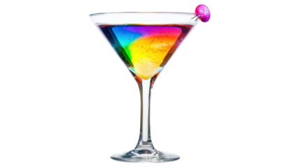 Rainbow layered cocktail in martini glass isolated on a transparent background
