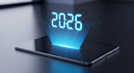 2026 holographic projection from a digital tablet future technology and innovation concept on dark background
