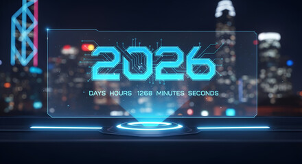 Futuristic 2026 countdown display showing days hours minutes seconds over a blurred night city skyline a high-tech new year concept