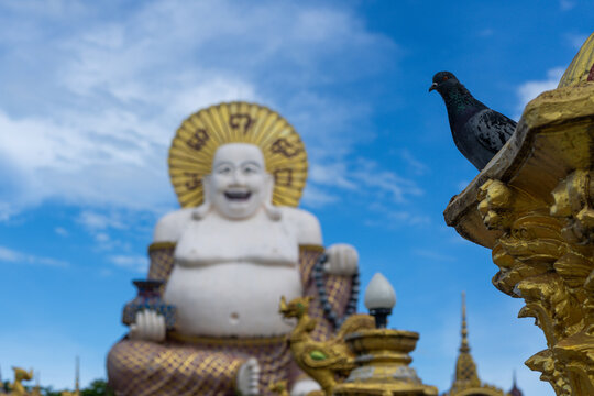 Smiling Buddha statue with a pigeon perched on ornate gold detail against a blue sky
